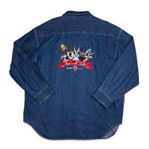 Vintage Warner Bros Looney Tunes That’s All Folks Denim Shirt Adult XXL 2000 Y2K